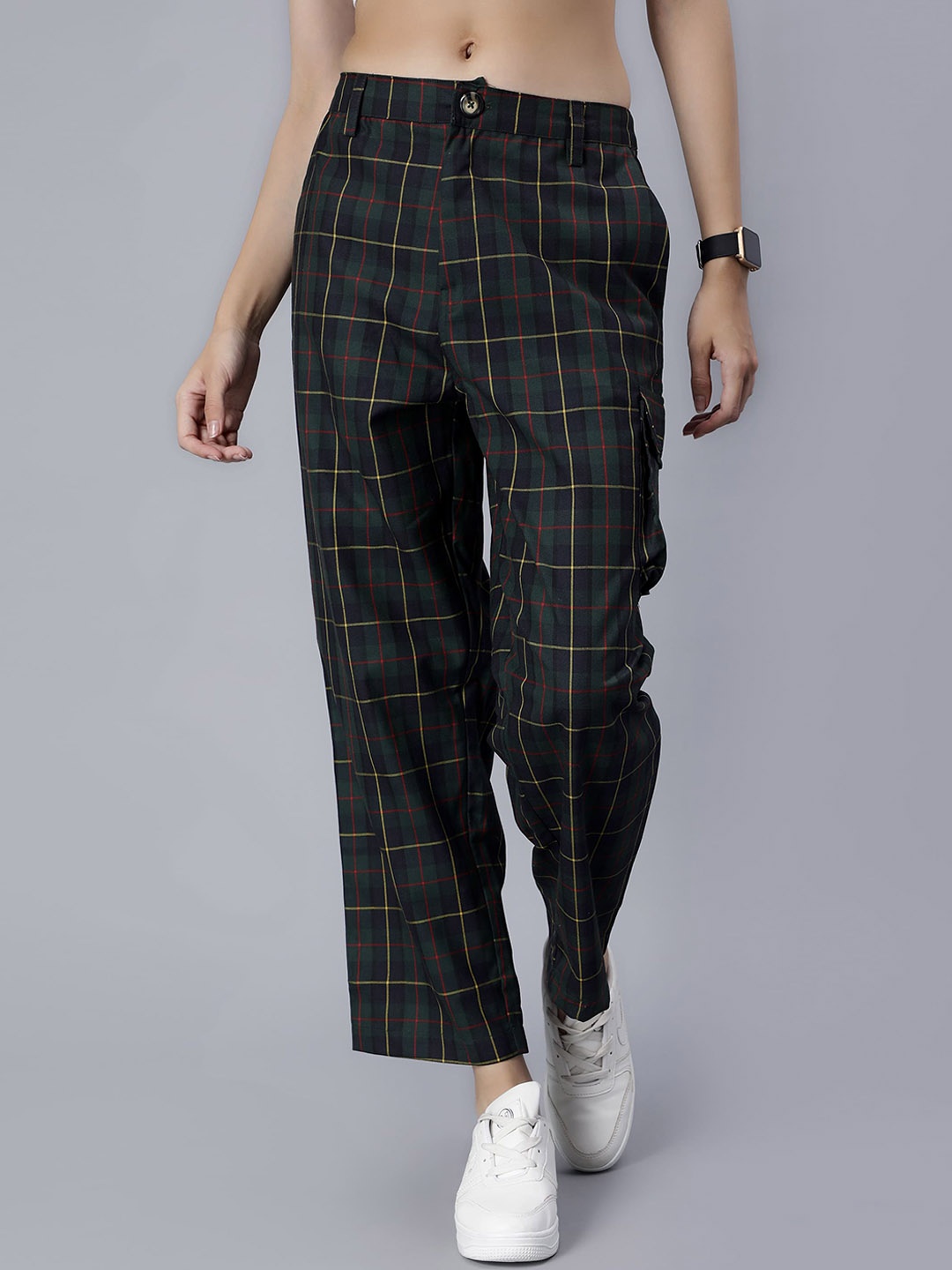Pritla Women Checked Cotton Cargos Trousers, Green