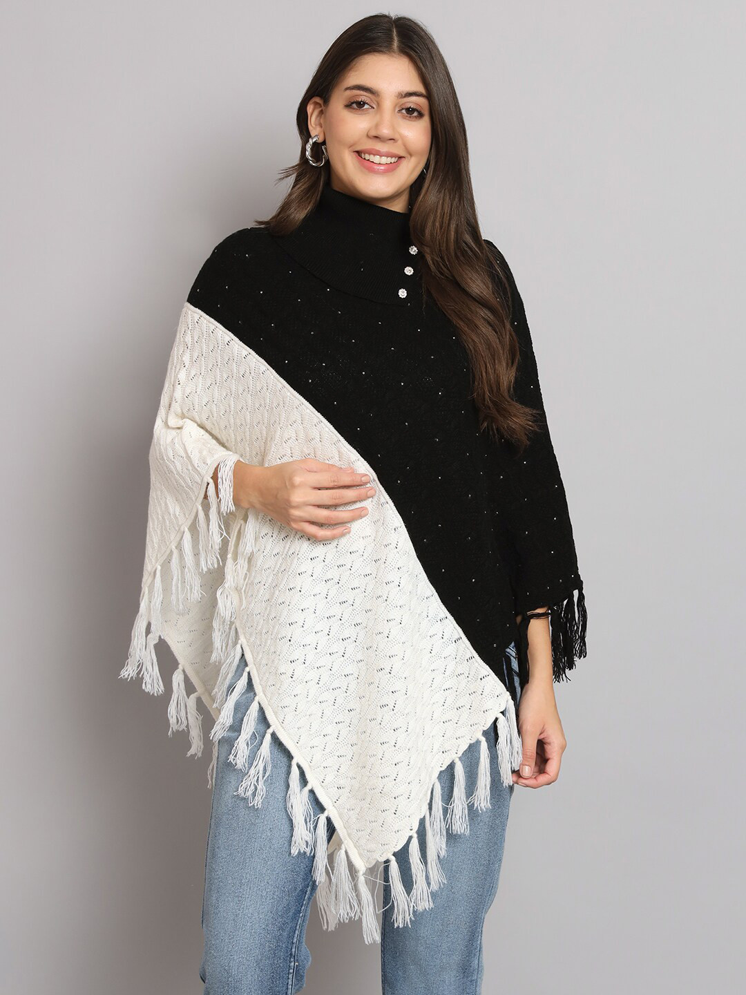 eWools Colourblocked Turtle Neck Pure Wool Tasseled Embellished Poncho Sweater, Black
eWools Colourblocked Turtle Neck Pure Wool Tasseled Embellished Poncho Sweater, Black