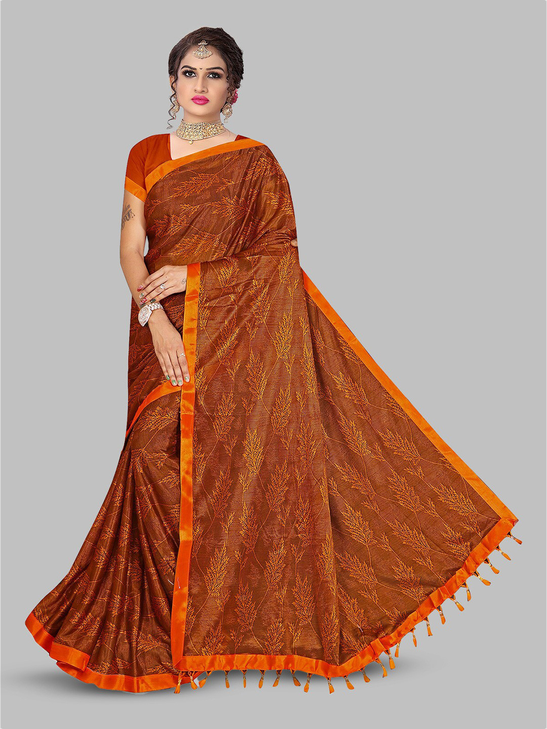 N N ENTERPRISE Floral Embroidered Leheriya Saree, Orange 
N N ENTERPRISE Floral Embroidered Leheriya Saree, Orange