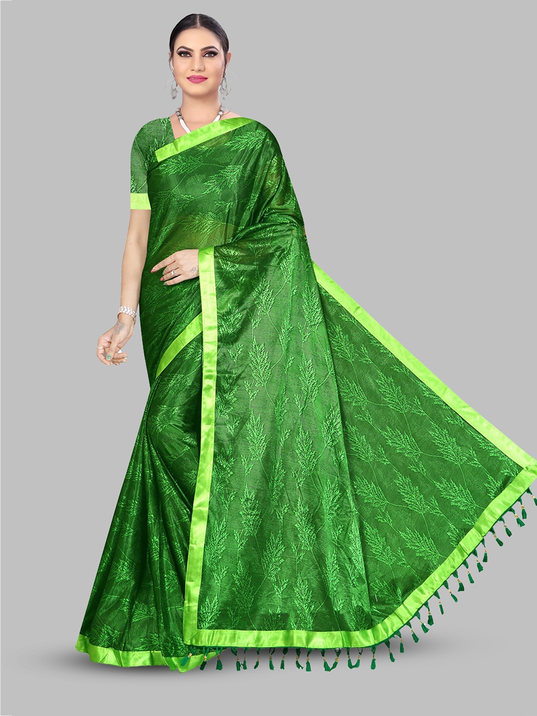 N N ENTERPRISE Floral Embroidered Leheriya Saree, Green