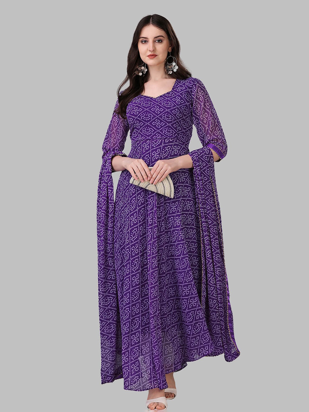 N N ENTERPRISE Bandhani Printed Gotta Patti Georgette Anarkali Kurta With Dupatta, Purple
N N ENTERPRISE Bandhani Printed Gotta Patti Georgette Anarkali Kurta With Dupatta, Purple