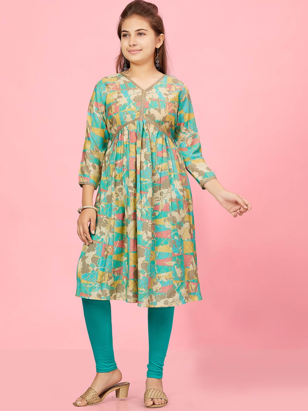 BAESD Girls Floral Printed V-Neck Empire Pure Silk A-Line Kurta With Leggings, Sea green
BAESD Girls Floral Printed V-Neck Empire Pure Silk A-Line Kurta With Leggings, Sea green