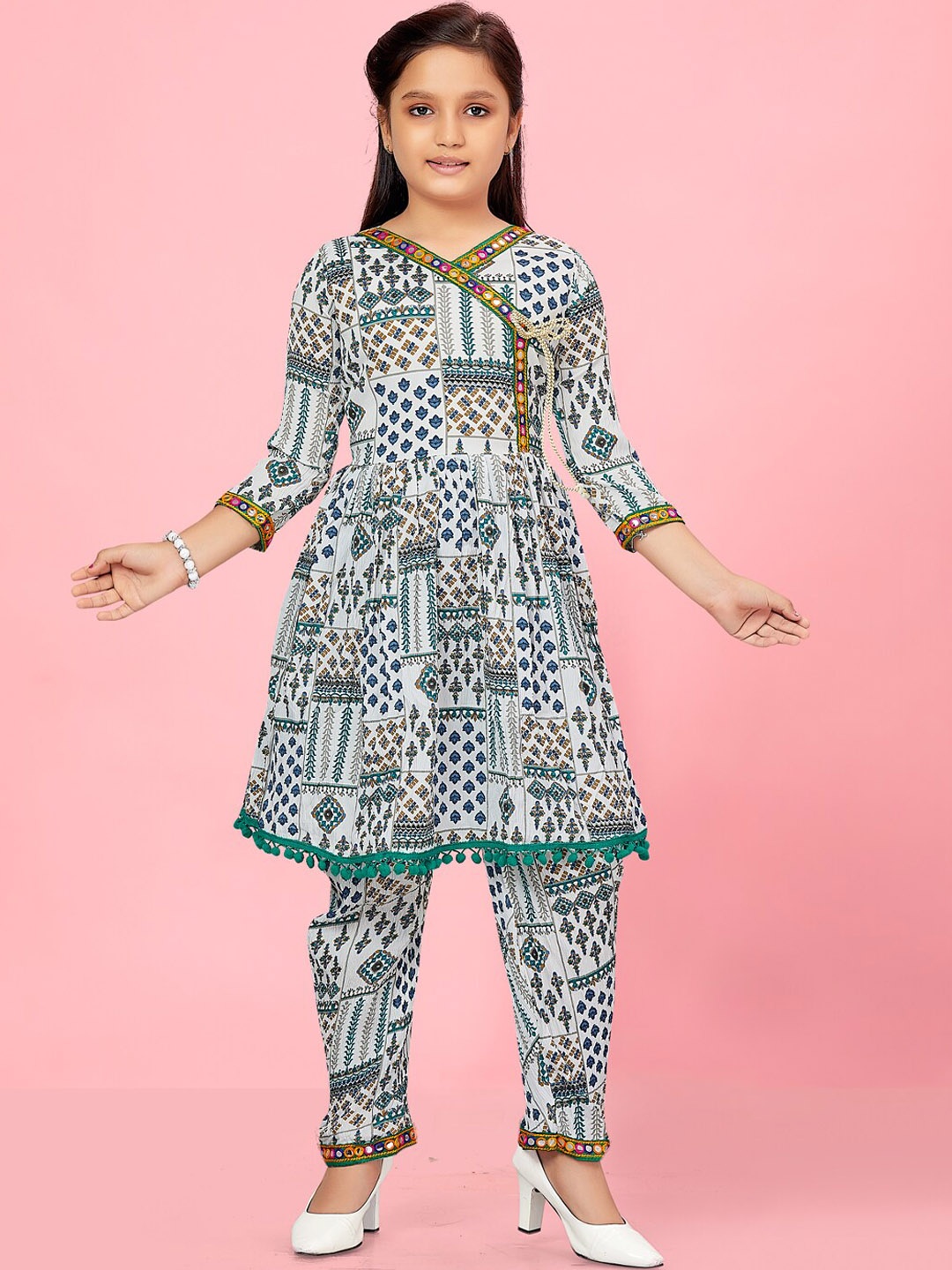 BAESD Girls Ethnic Motifs Printed Mirror Work Angrakha Kurti With Trouser, White
BAESD Girls Ethnic Motifs Printed Mirror Work Angrakha Kurti With Trouser, White
