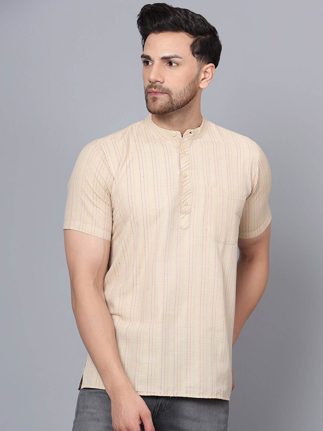 Latest Chikan Garments Striped Mandarin Collar Thread Work Pure Cotton Short Kurta, Beige
Latest Chikan Garments Striped Mandarin Collar Thread Work Pure Cotton Short Kurta, Beige