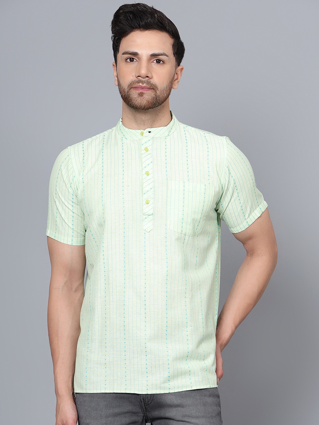Latest Chikan Garments Striped Mandarin Collar Thread Work Pure Cotton Short Kurta, Green
Latest Chikan Garments Striped Mandarin Collar Thread Work Pure Cotton Short Kurta, Green