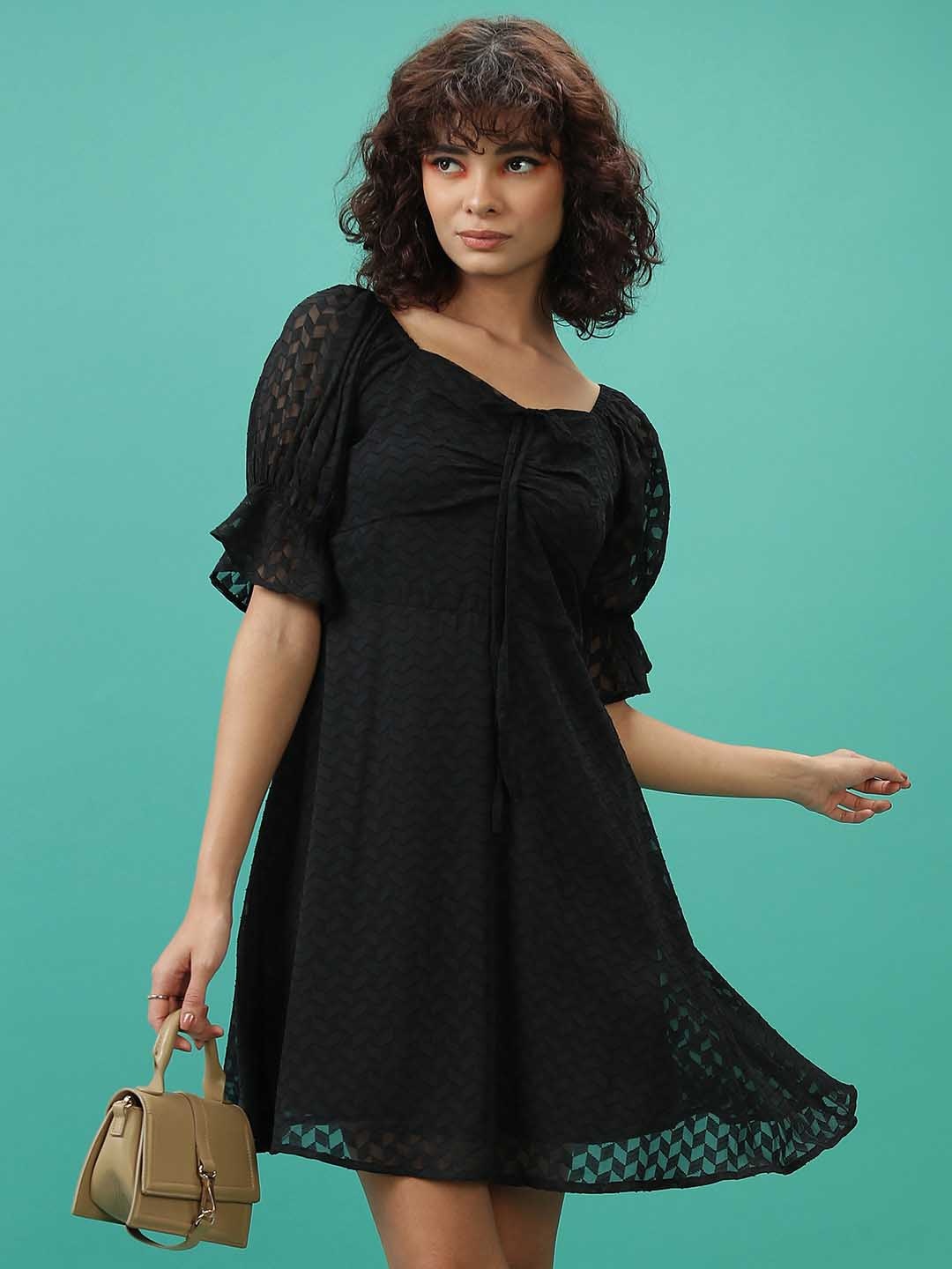 Tokyo Talkies Black Self Design Sweetheart Neck Puff Sleeves Fit & Flare Above Knee Dress
Tokyo Talkies Black Self Design Sweetheart Neck Puff Sleeves Fit & Flare Above Knee Dress