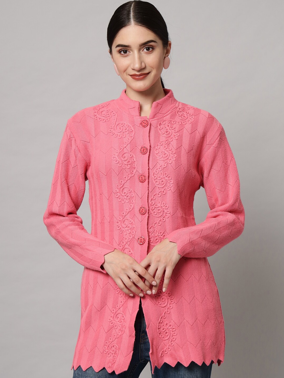 eWools Chevron Self Design Embroidered Detailed Acrylic Wool Longline Cardigan, Pink
eWools Chevron Self Design Embroidered Detailed Acrylic Wool Longline Cardigan, Pink