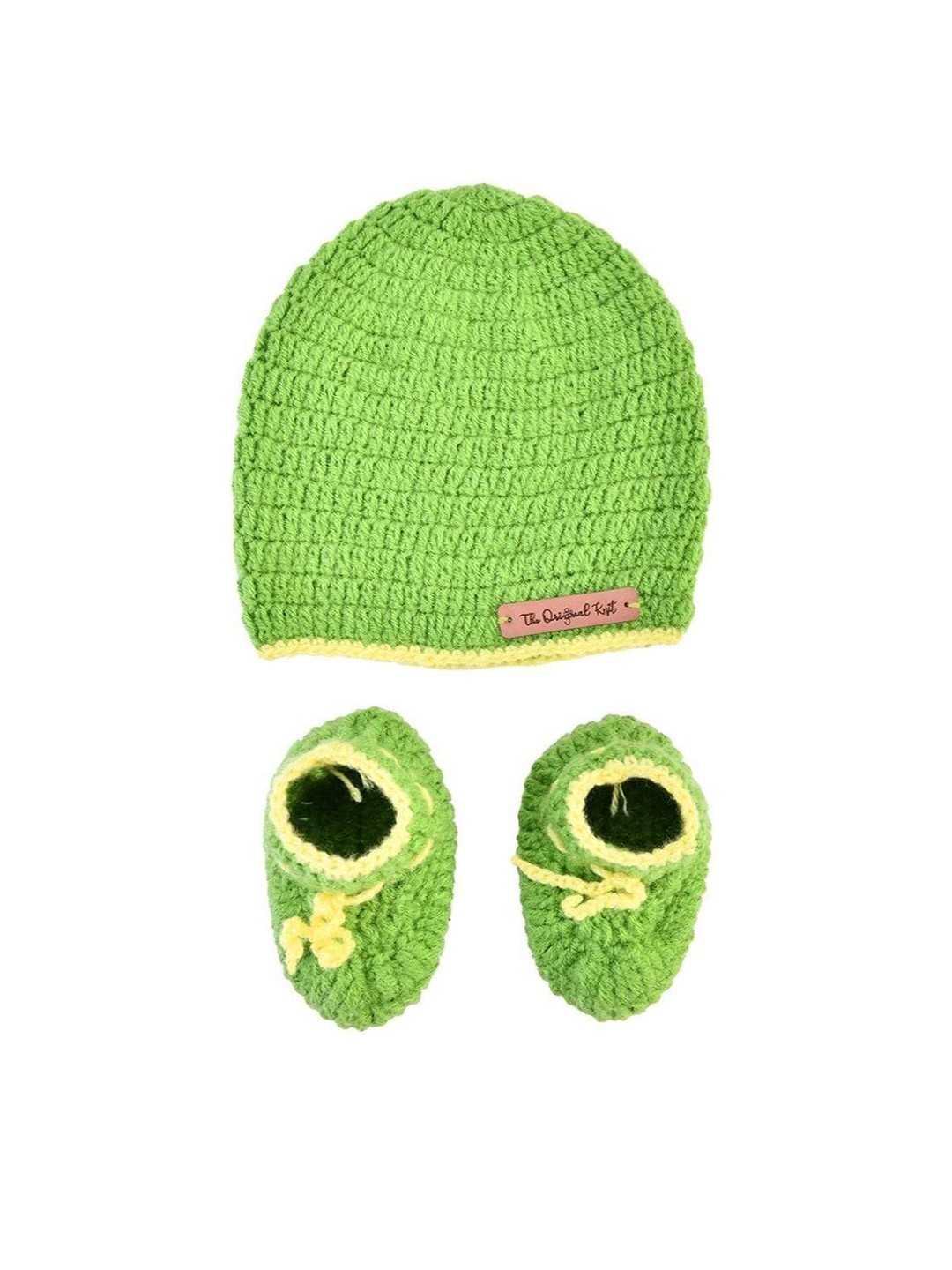 The Original Knit Infants Self Design Acrylic Crochet Beanie Cap With Socks, Green