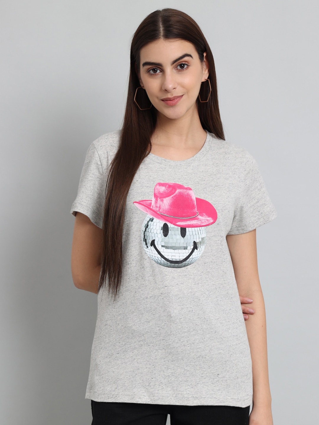 Just Wow Graphic Printed Cotton T-shirt, Grey