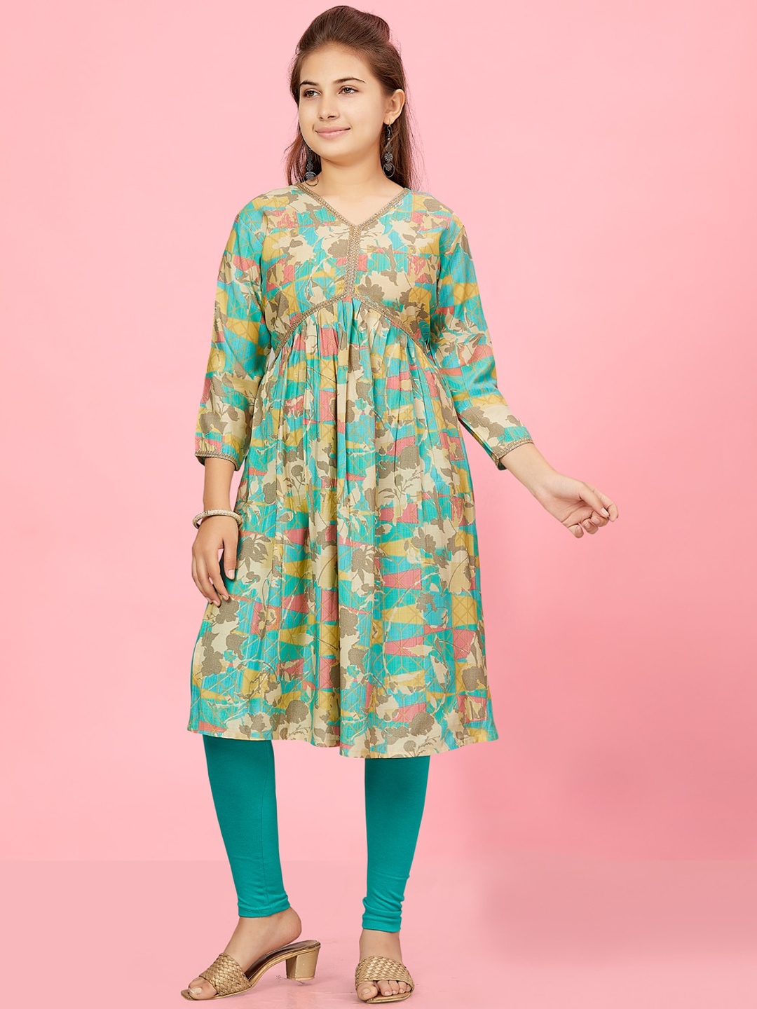BAESD Girls Floral Printed V-Neck Empire Pure Silk A-Line Kurta With Leggings, Sea green
BAESD Girls Floral Printed V-Neck Empire Pure Silk A-Line Kurta With Leggings, Sea green