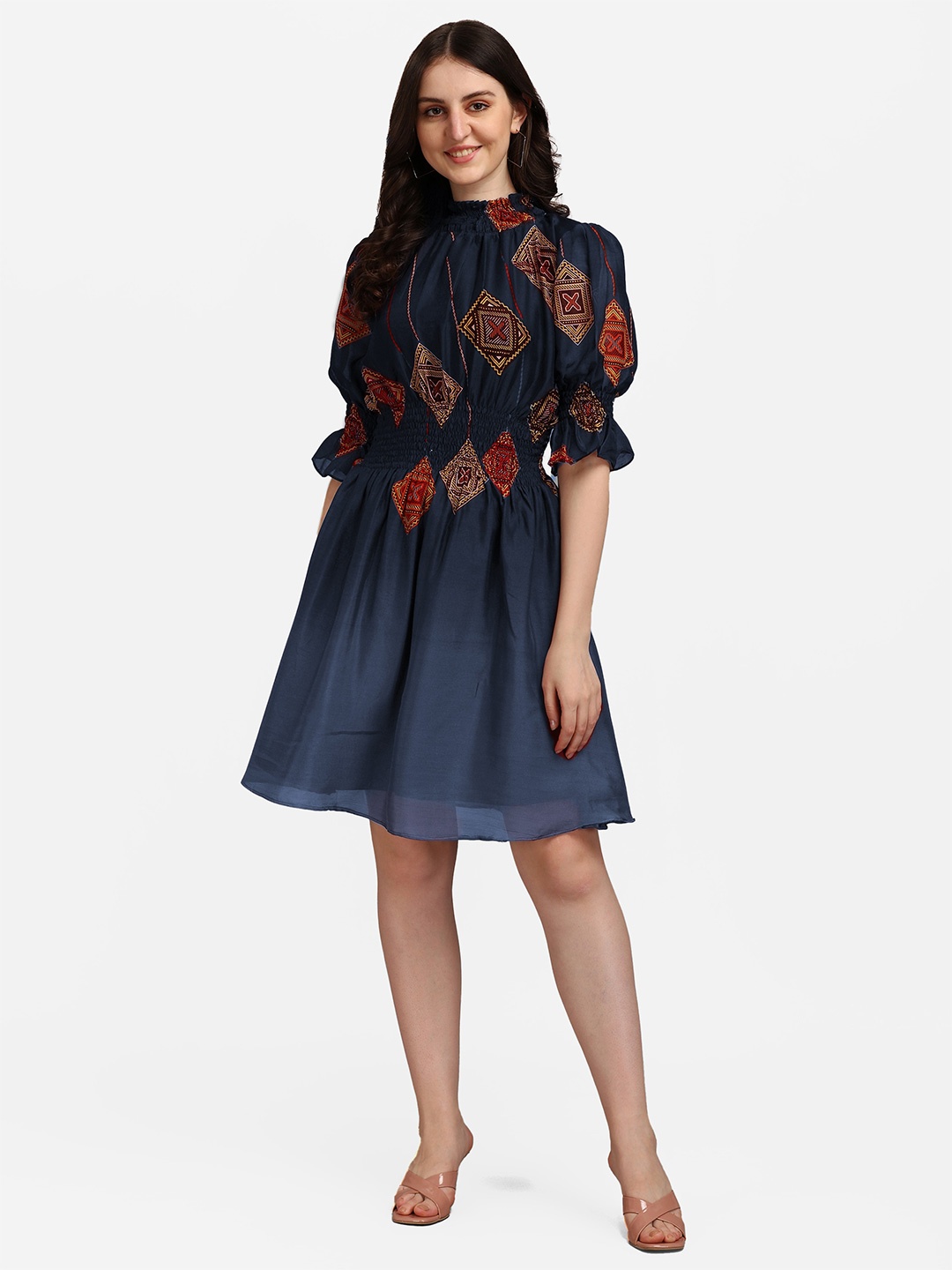 KALINI Ethnic Motifs Printed High Neck Puff Sleeve Smocked Georgette Fit & Flare Dress, Blue
KALINI Ethnic Motifs Printed High Neck Puff Sleeve Smocked Georgette Fit & Flare Dress, Blue