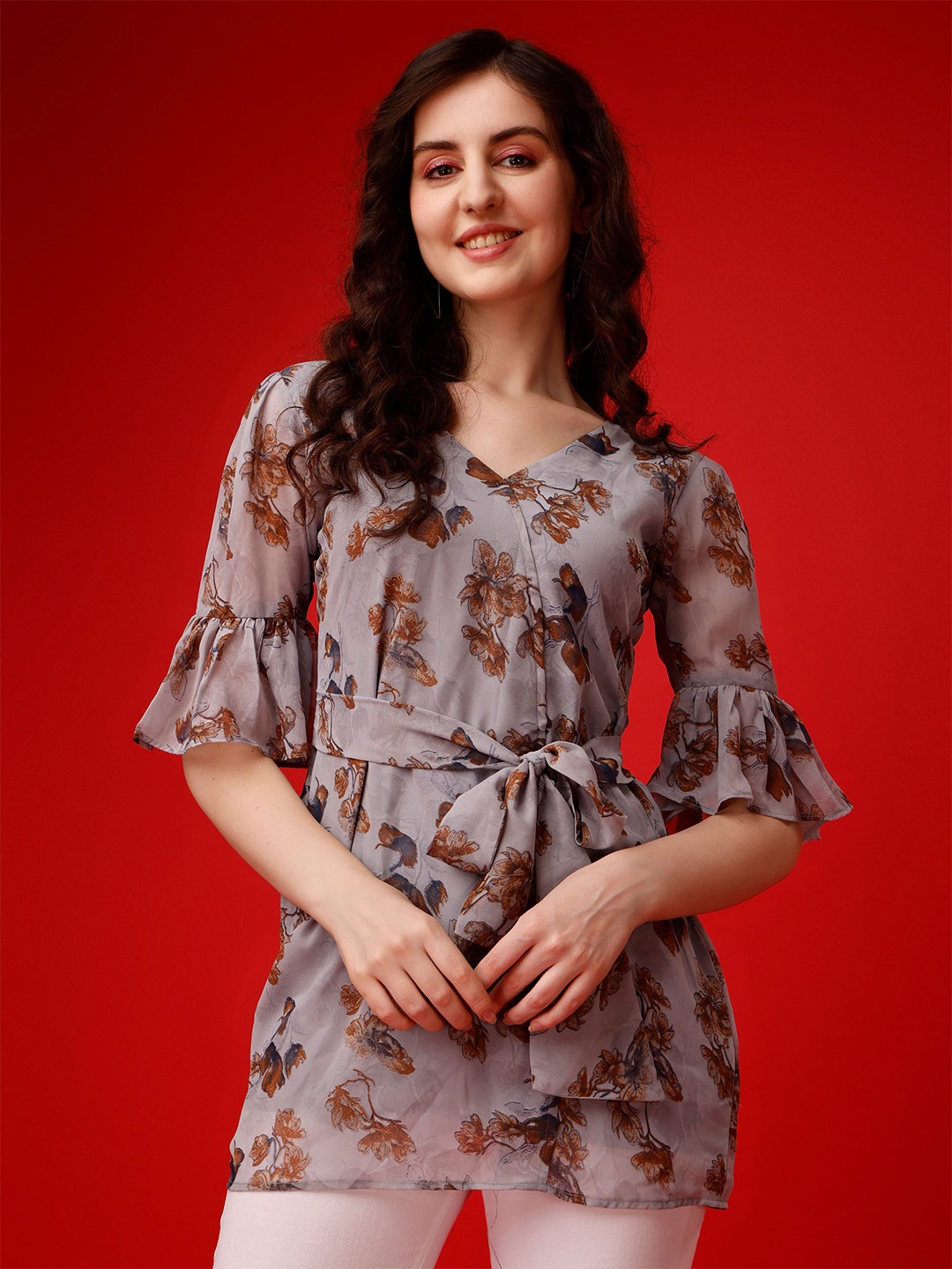 KALINI Floral Print V-Neck Bell Sleeve Waist Tie-Ups Georgette Top, Grey