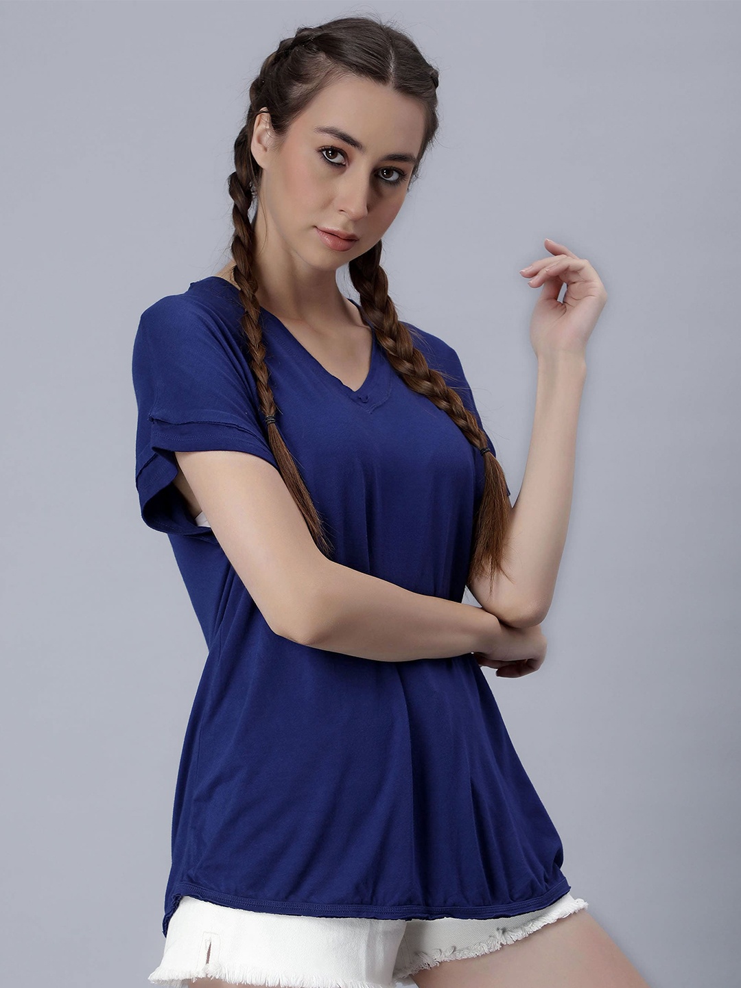 Pritla V-Neck Cotton Top, Blue