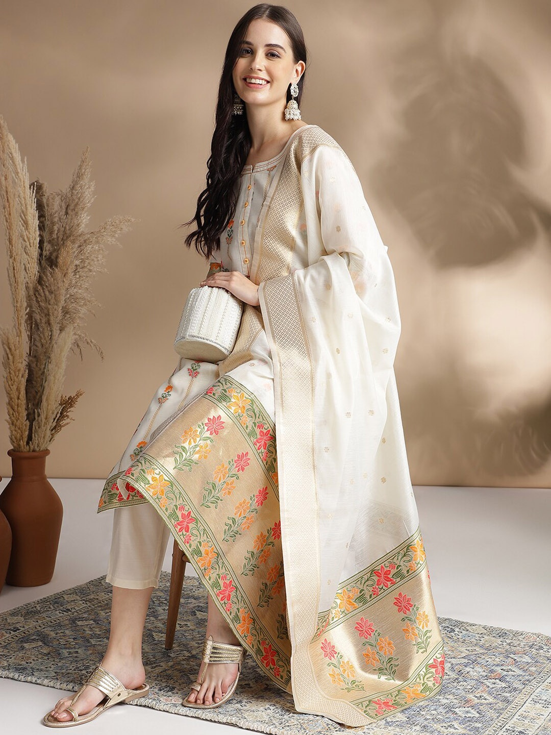 RAJGRANTH Ethnic Motif Woven Design Chanderi Cotton Straight Kurta With Trousers & Dupatta, Off white
RAJGRANTH Ethnic Motif Woven Design Chanderi Cotton Straight Kurta With Trousers & Dupatta, Off white