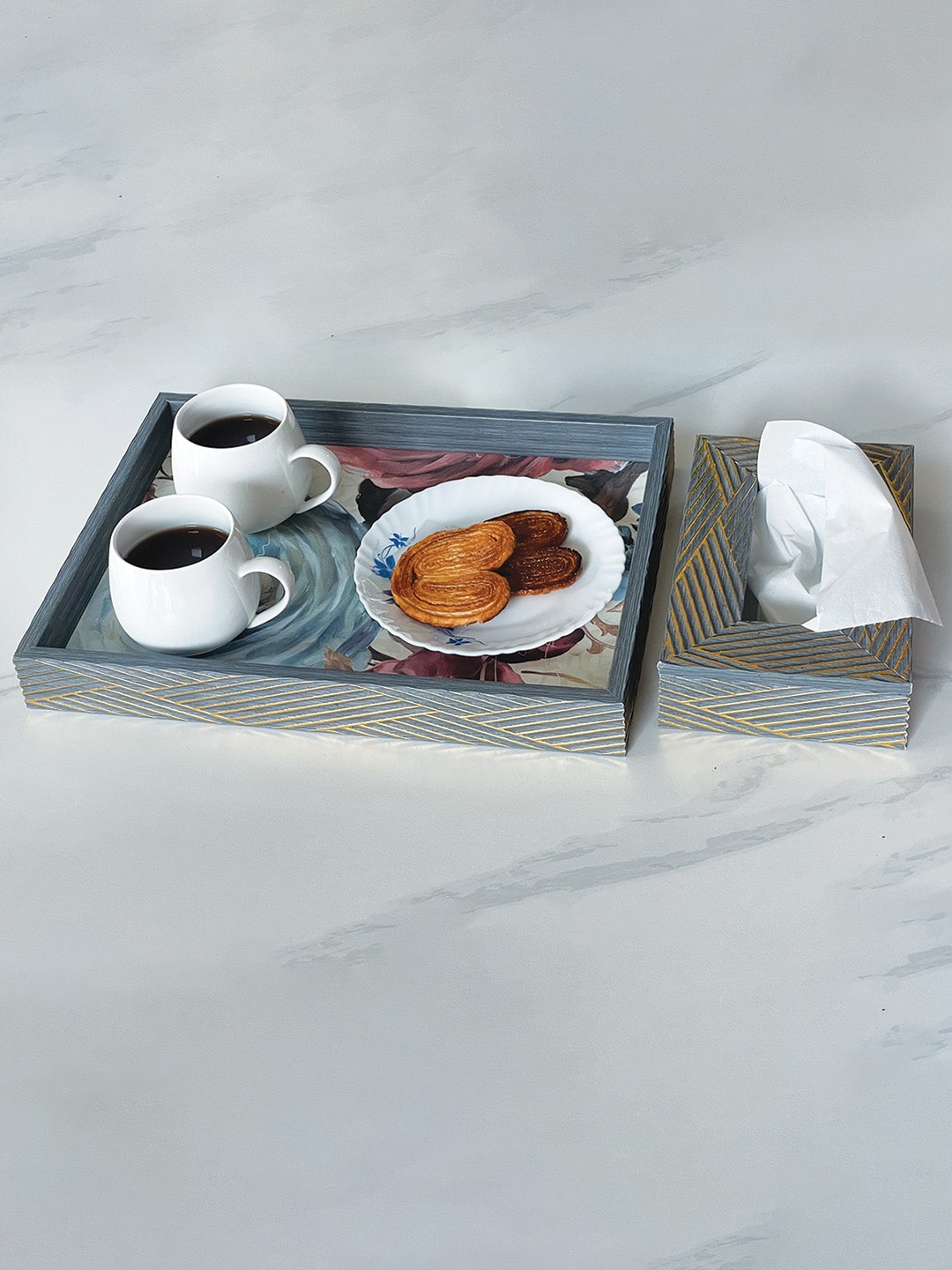 Art Street Gold Toned & Grey 2 Pieces Wooden Rectangular Serving Tray & Tissue Box Holder
Art Street Gold Toned & Grey 2 Pieces Wooden Rectangular Serving Tray & Tissue Box Holder