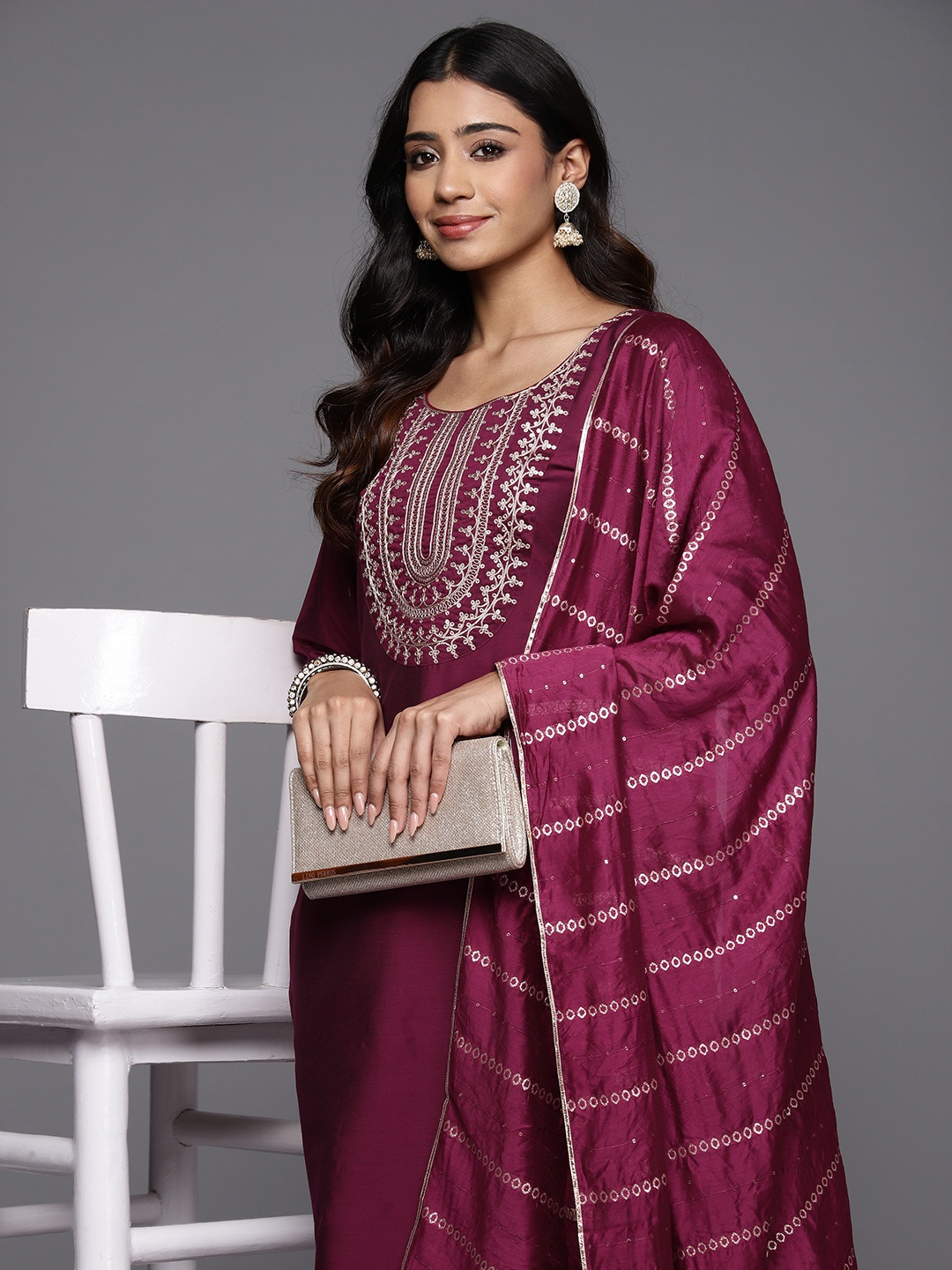 Libas Women Floral Yoke Design Regular Sequinned Kurta with Trousers With Dupatta, Burgundy
Libas Women Floral Yoke Design Regular Sequinned Kurta with Trousers With Dupatta, Burgundy