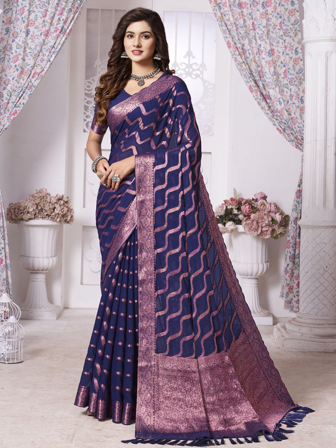 V3 FASHION STUDIO Ethnic Motifs Woven Design Zari Pure Georgette Banarasi Saree, Blue
V3 FASHION STUDIO Ethnic Motifs Woven Design Zari Pure Georgette Banarasi Saree, Blue