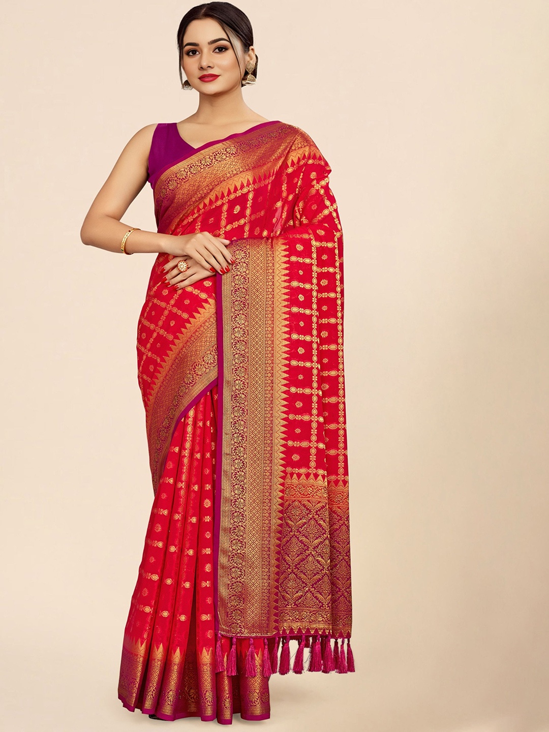 V3 FASHION STUDIO Ethnic Motifs Woven Design Zari Pure Georgette Banarasi Saree, Red
V3 FASHION STUDIO Ethnic Motifs Woven Design Zari Pure Georgette Banarasi Saree, Red
