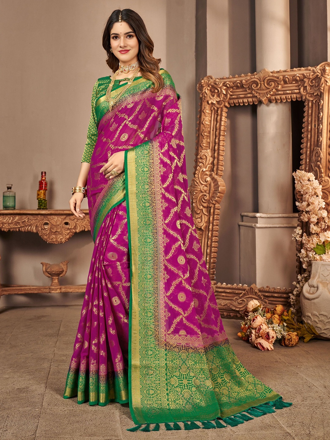V3 FASHION STUDIO Ethnic Motifs Woven Design Zari Pure Georgette Banarasi Saree, Pink
V3 FASHION STUDIO Ethnic Motifs Woven Design Zari Pure Georgette Banarasi Saree, Pink