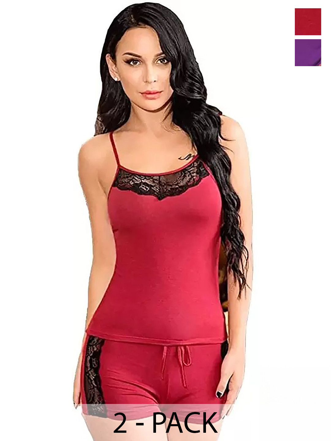 AROUSY Pack of 2 Lace Detail Night Suits, Red
AROUSY Pack of 2 Lace Detail Night Suits, Red