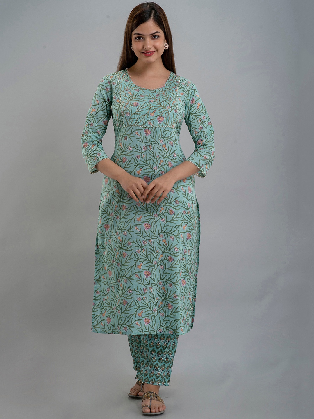KALINI Floral Printed Regular Aari Work Pure Cotton Kurta with Trousers & Dupatta, Sea green
KALINI Floral Printed Regular Aari Work Pure Cotton Kurta with Trousers & Dupatta, Sea green