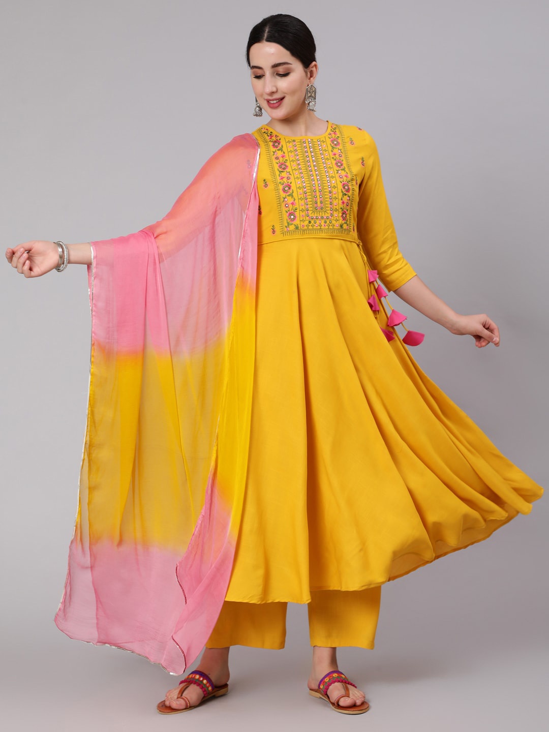 KIMAYRA Ethnic Motifs Yoke Design Layered Mirror Work Kurta With Trousers & Dupatta, Yellow
KIMAYRA Ethnic Motifs Yoke Design Layered Mirror Work Kurta With Trousers & Dupatta, Yellow