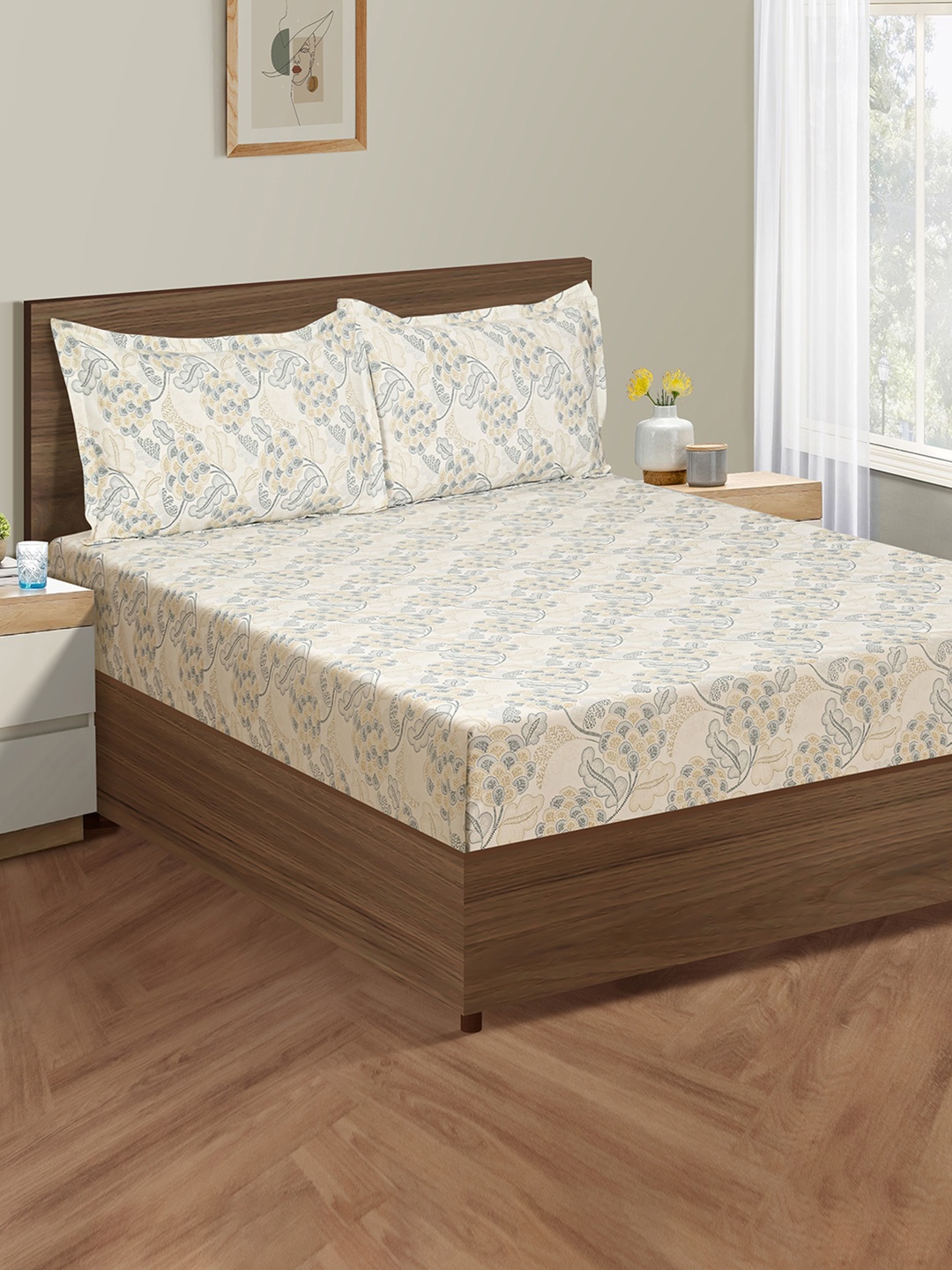 Swayam Veda Grey & Golden Beige Floral 160TC Pure Cotton Double Bedsheet Set
Swayam Veda Grey & Golden Beige Floral 160TC Pure Cotton Double Bedsheet Set