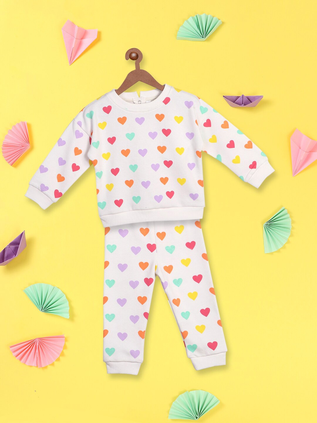 Nauti Nati Girls Colourful Heart Prints Sweatshirt with Joggers Co-Ord Set, White
Nauti Nati Girls Colourful Heart Prints Sweatshirt with Joggers Co-Ord Set, White