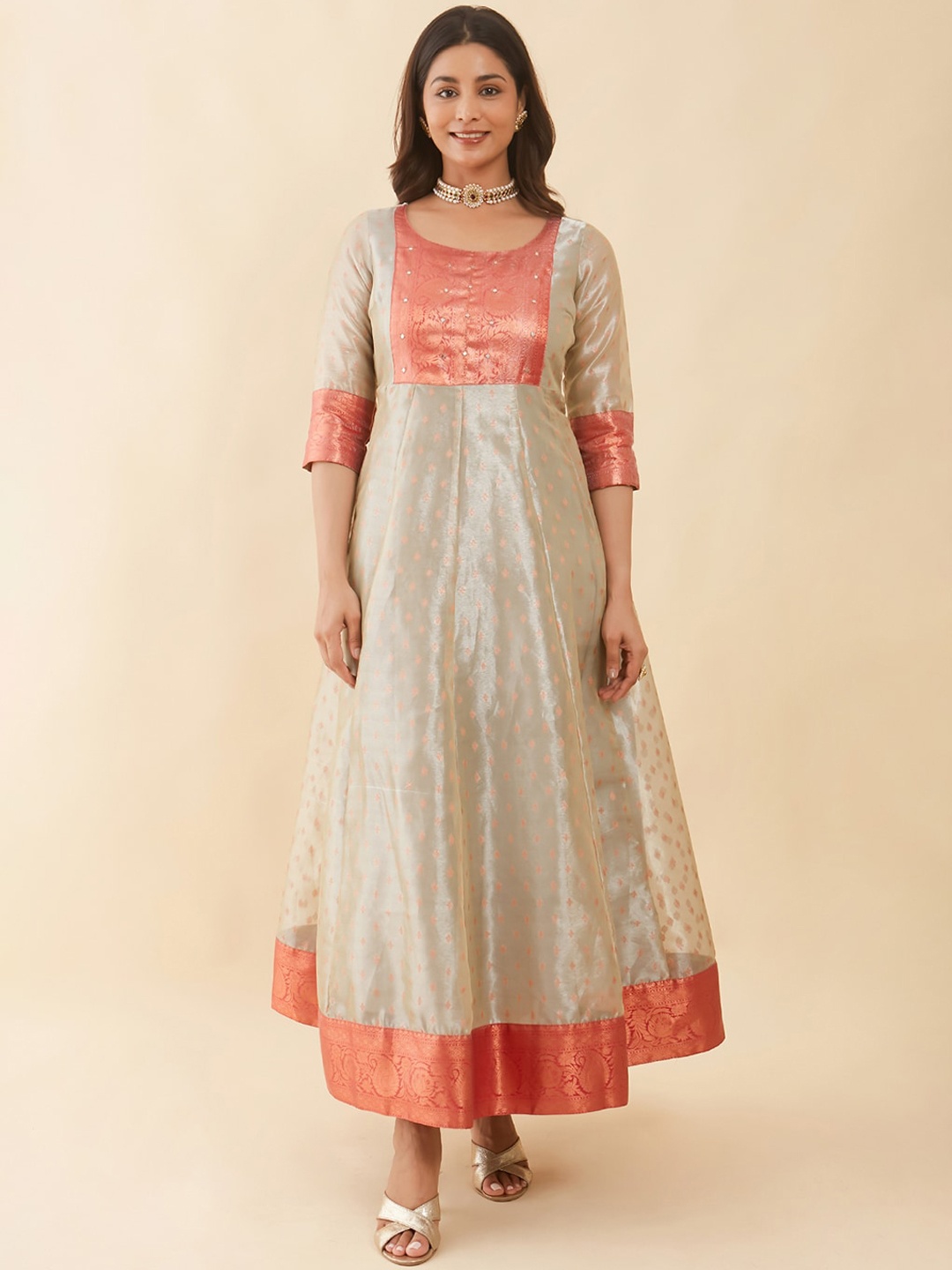 Maybell Ethnic Motifs Woven Design Silk Mirror Work Anarkali Ethnic Dress, Silver
Maybell Ethnic Motifs Woven Design Silk Mirror Work Anarkali Ethnic Dress, Silver