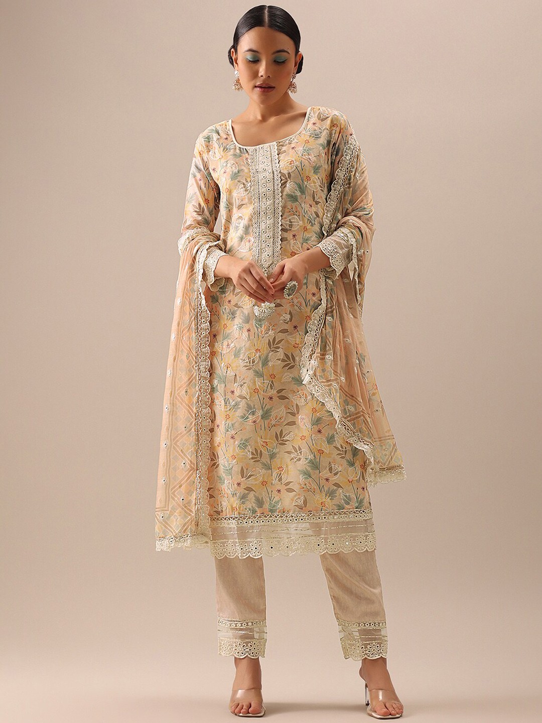 KALKI Fashion Floral Printed Regular Kurta With Trousers & Dupatta, Peach