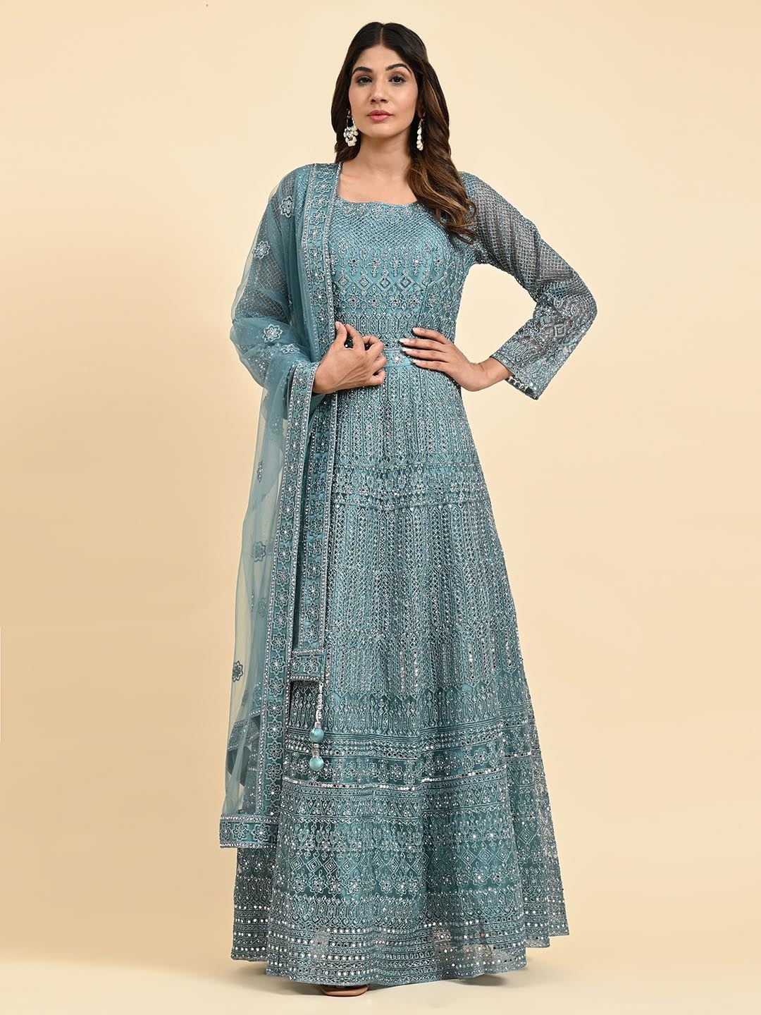 JUST FASHION Ethnic Motifs Embroidered Sequined Anarkali Gown Maxi Ethnic Dress & Dupatta, Turquoise blue
JUST FASHION Ethnic Motifs Embroidered Sequined Anarkali Gown Maxi Ethnic Dress & Dupatta, Turquoise blue