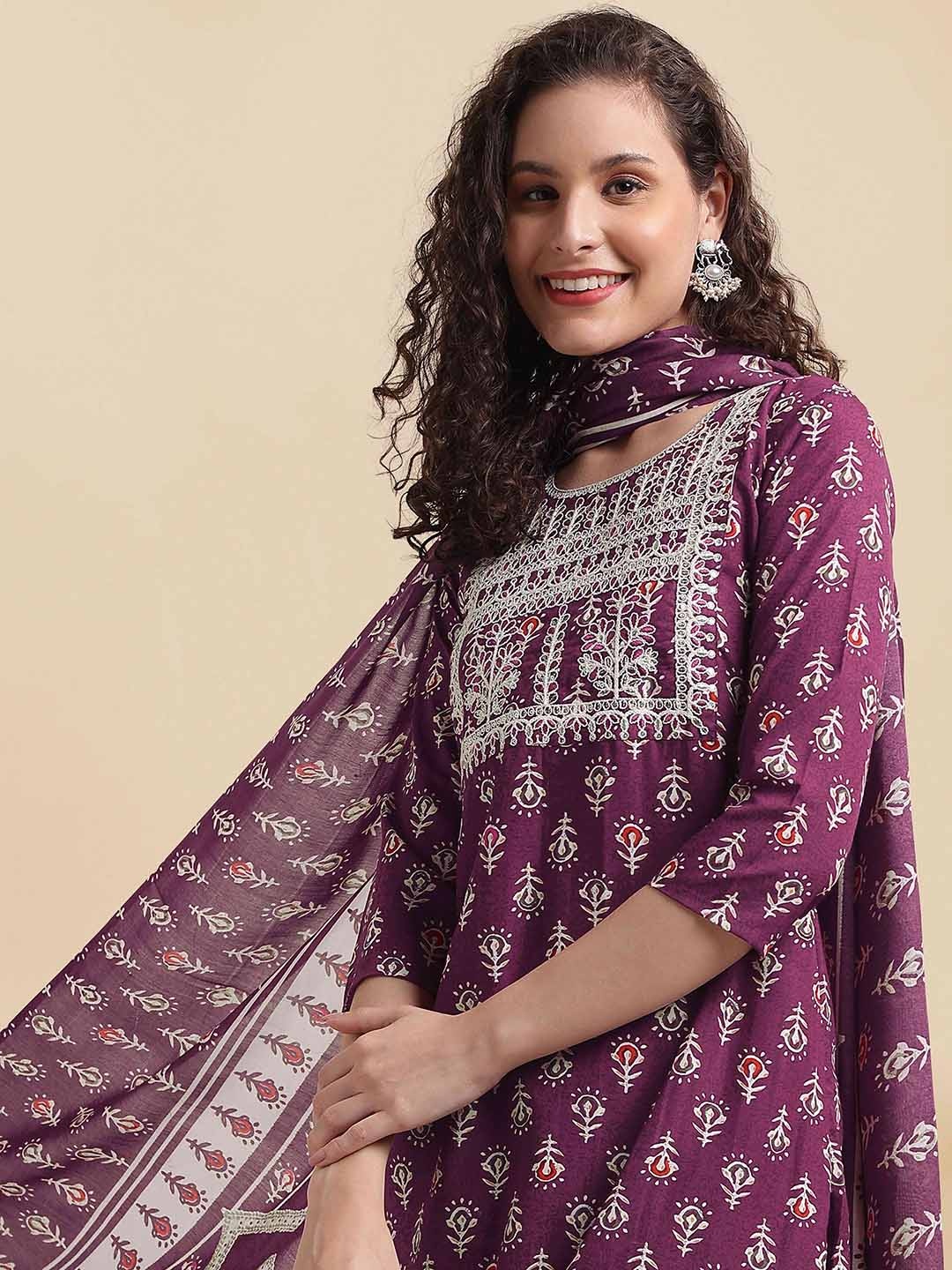 KALINI Purple Ethnic Motifs Embroidered Pure Cotton Kurta & Trousers With Dupatta
KALINI Purple Ethnic Motifs Embroidered Pure Cotton Kurta & Trousers With Dupatta