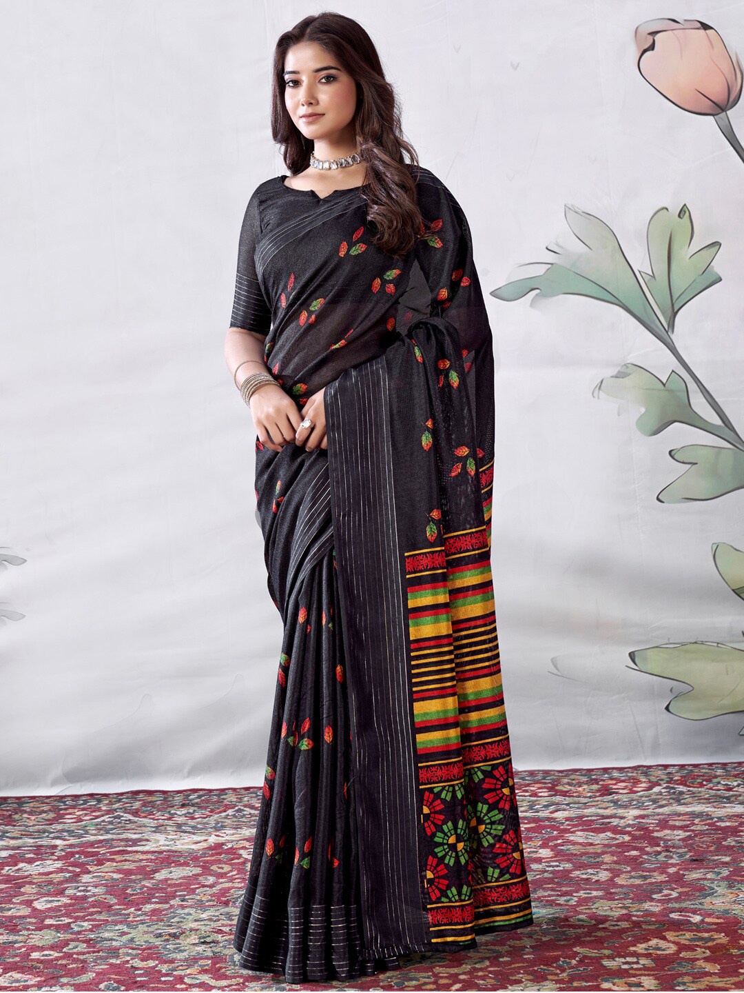 Saree mall Floral Printed Jute Silk Sarees, Black
