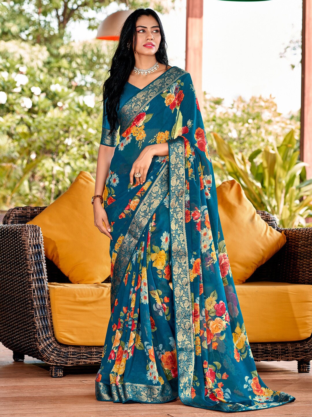 Saree mall Blue & Red Floral Printed Zari Pure Georgette Sarees