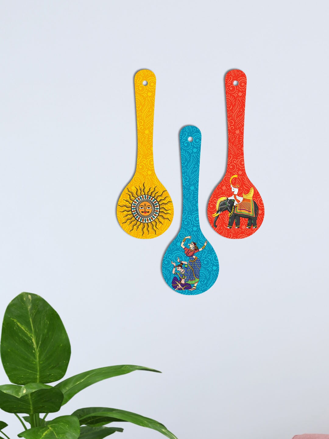 ArtVibes Yellow & Blue 3 Pieces Madhubani Art Wooden Wall Hanging