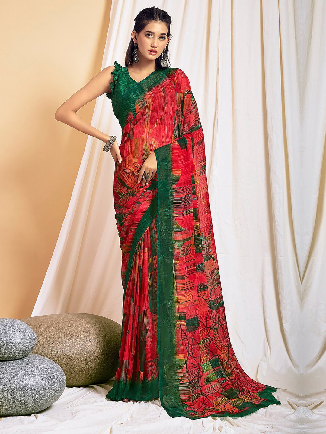 Kasak Abstract Printed Pure Chiffon Saree, Red