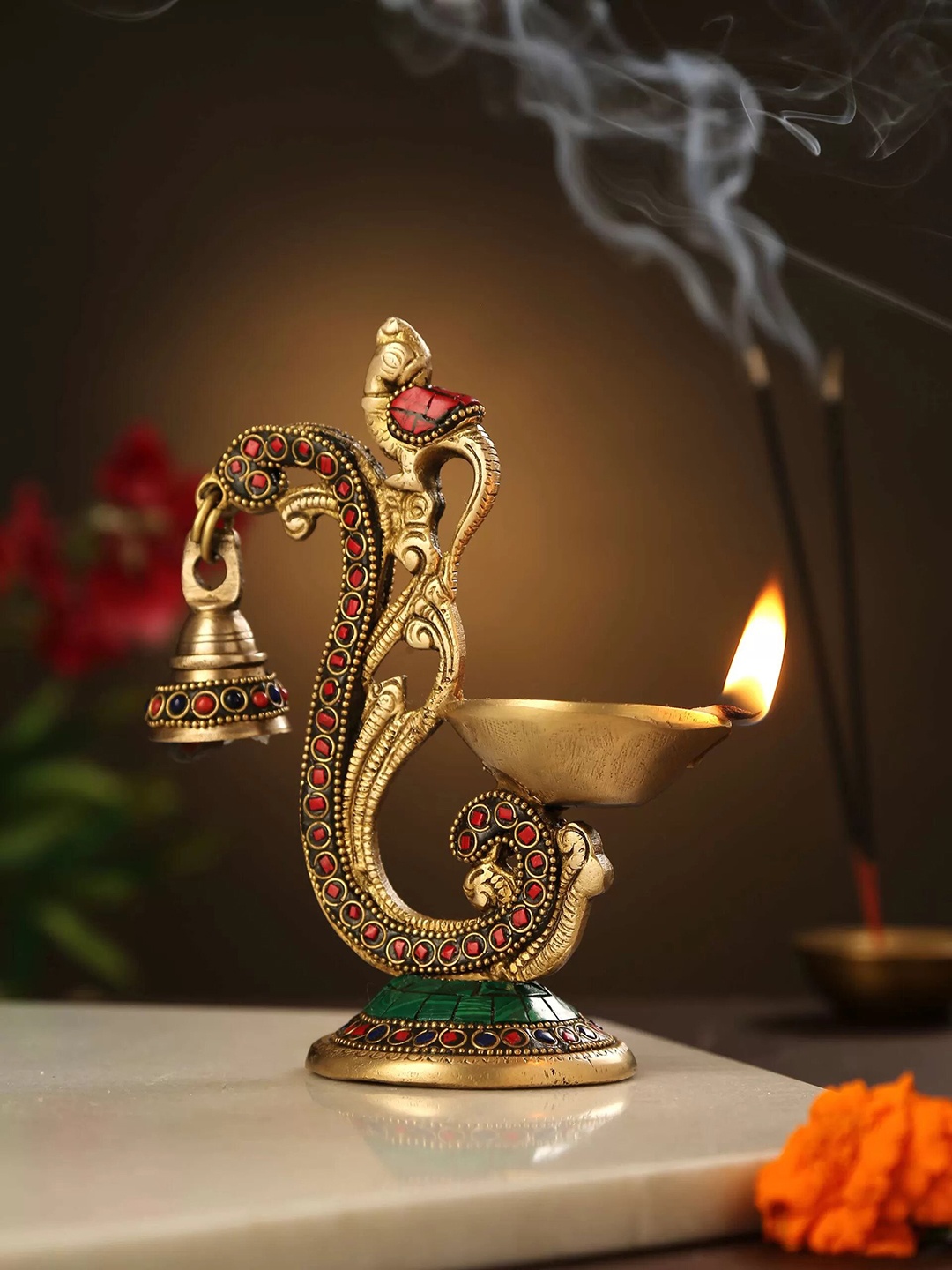 Amoliconcepts Divine Splendour Yellow & Red Stone-studded Brass Bird Diya With Bell, Gold
Amoliconcepts Divine Splendour Yellow & Red Stone-studded Brass Bird Diya With Bell, Gold