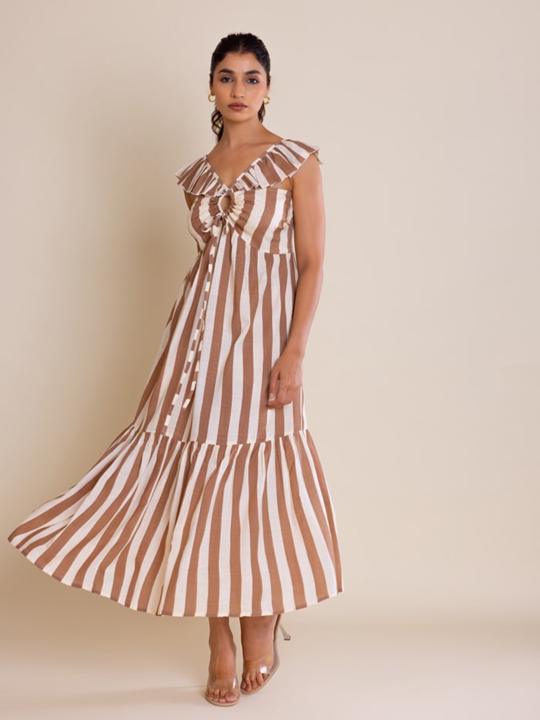 Label Reyya Striped Cut-Out Detail Ruffled Smocked Cotton A-Line Maxi Dress, Brown
Label Reyya Striped Cut-Out Detail Ruffled Smocked Cotton A-Line Maxi Dress, Brown