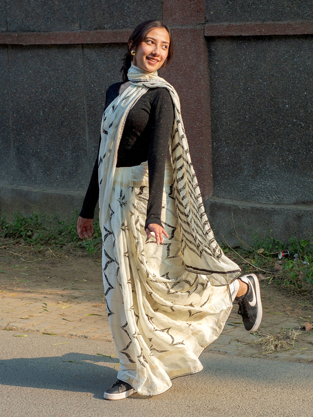 Libas Abstract Printed Saree, White