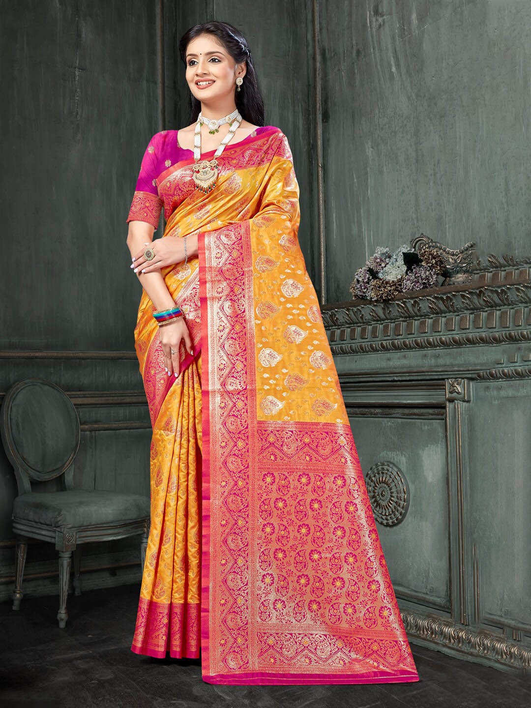 Mitera Ethnic Motifs Woven Design Zari Saree, Yellow