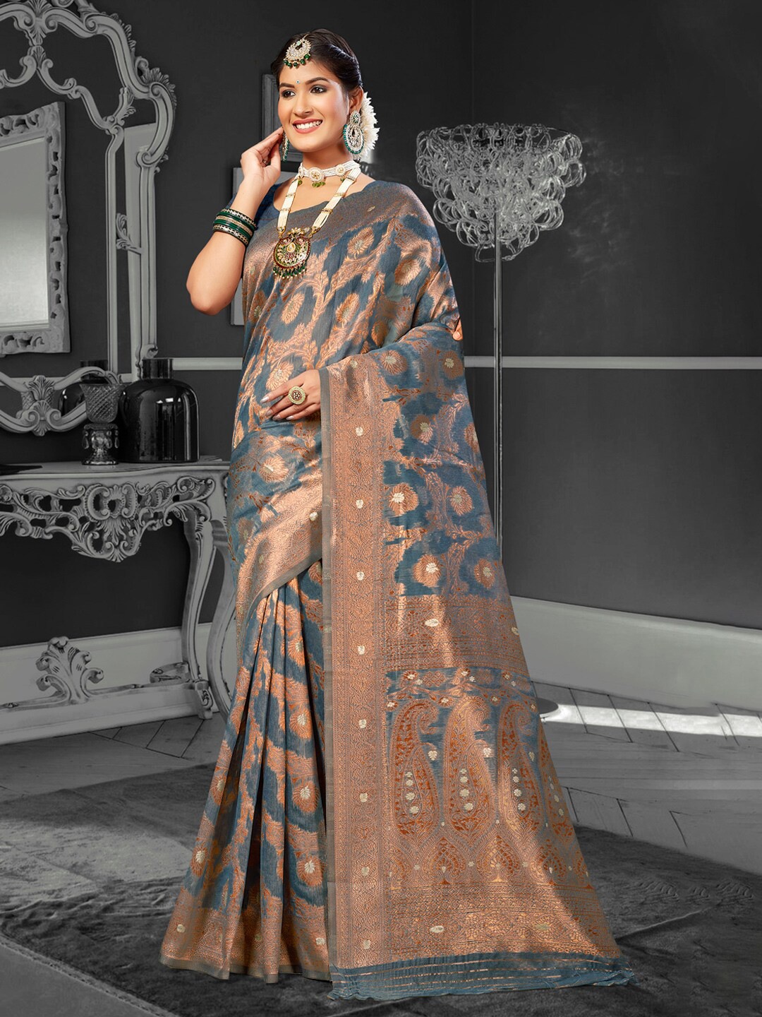 Mitera Ethnic Motifs Woven Design Zari Saree, Grey