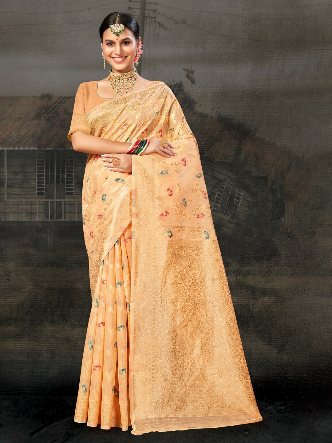 Mitera Peach-Coloured & Red Woven Design Zari Saree