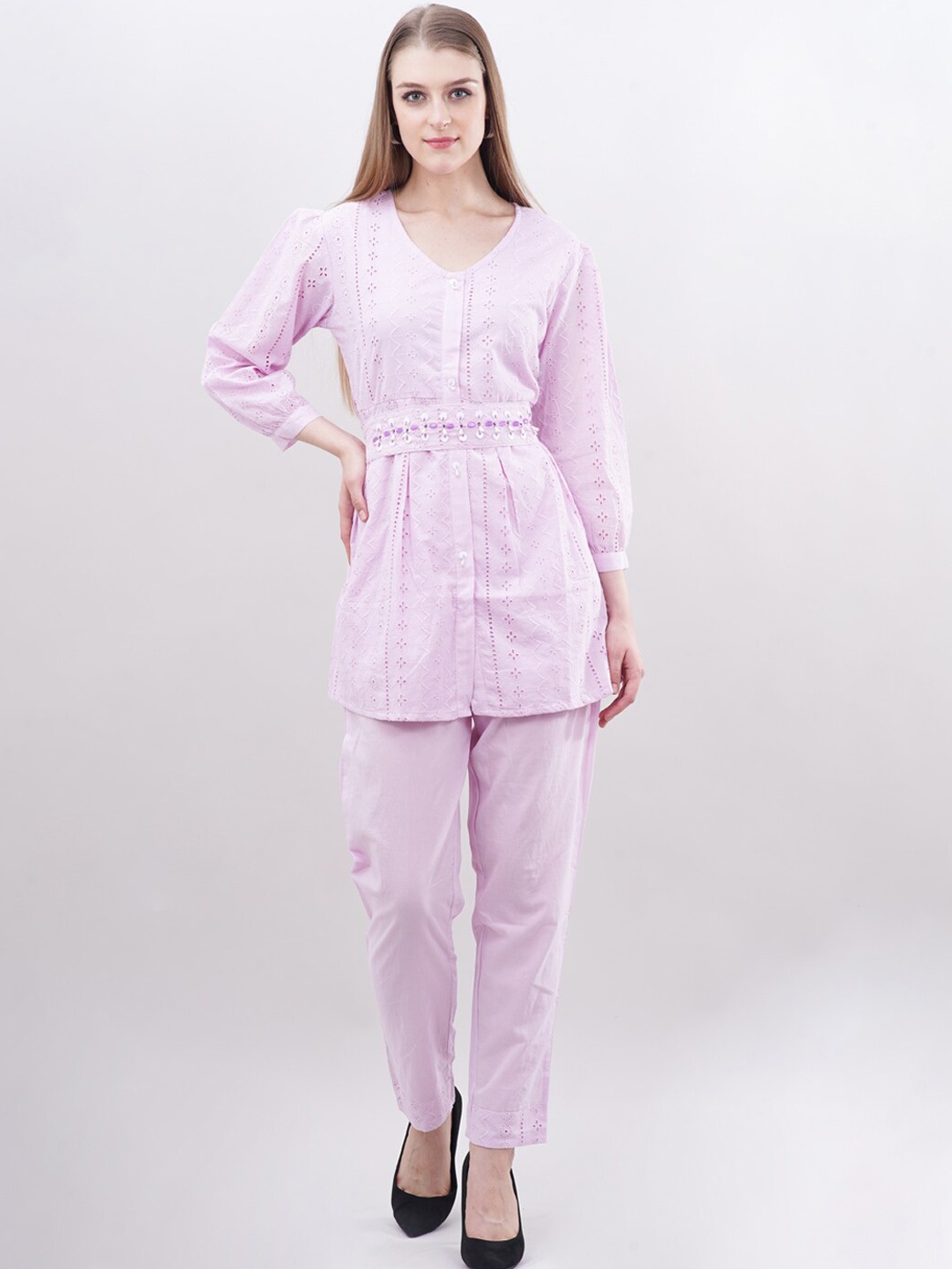 Ashnaina Self Design V-Neck Pure Cotton Tunic With Trouser, Pink