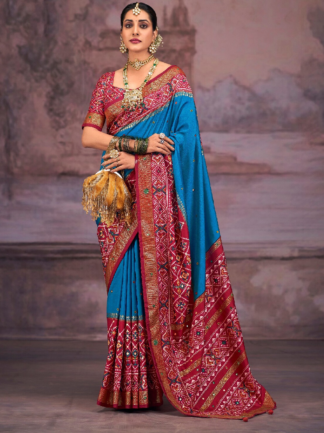 Mitera Blue & Red Ethnic Motifs Printed Mirror Work Silk Cotton Patola Saree