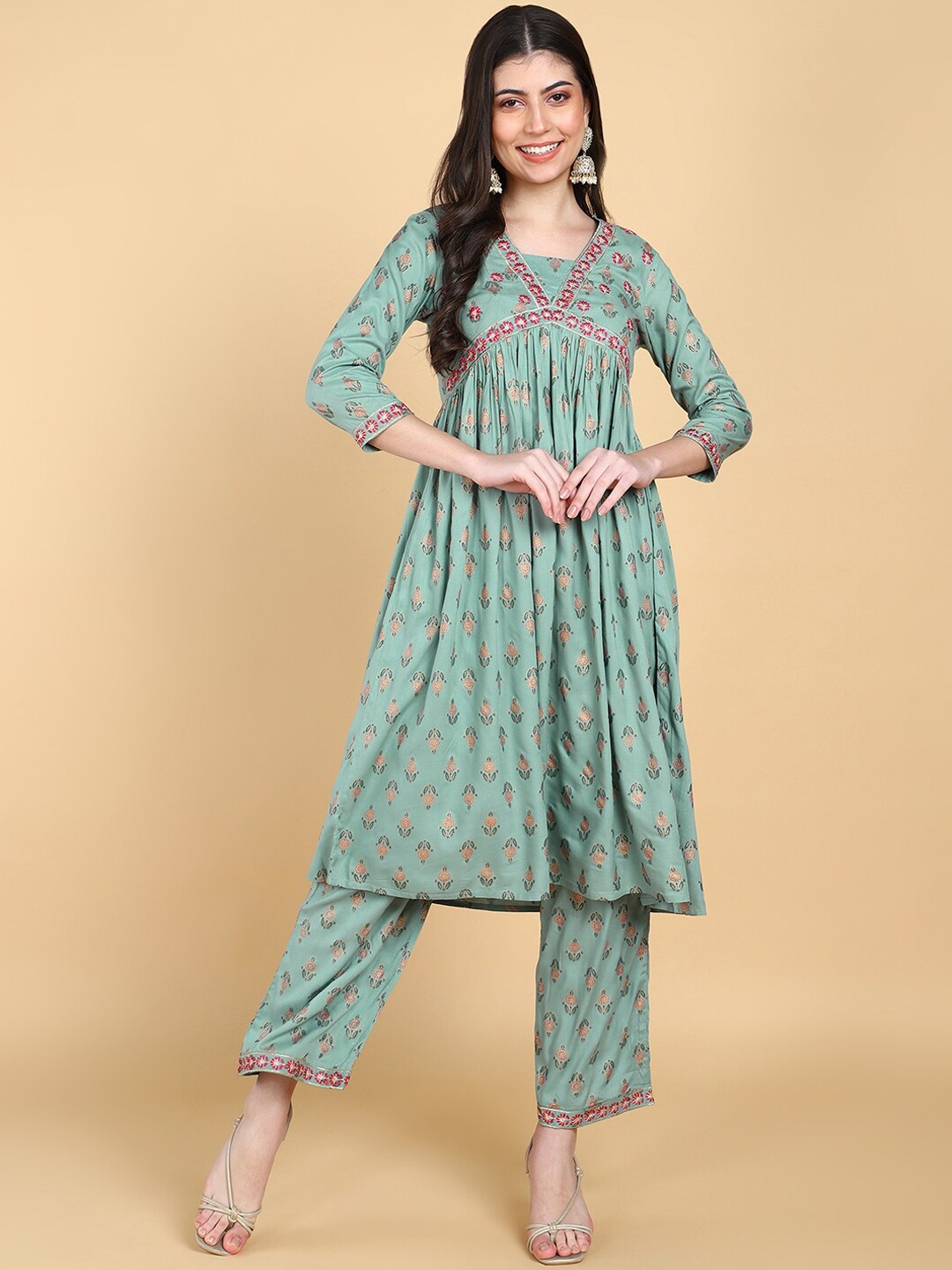KALINI Floral Embroidered V-Neck Thread Work Anarkali Empire Kurta With Palazzos, Teal
KALINI Floral Embroidered V-Neck Thread Work Anarkali Empire Kurta With Palazzos, Teal