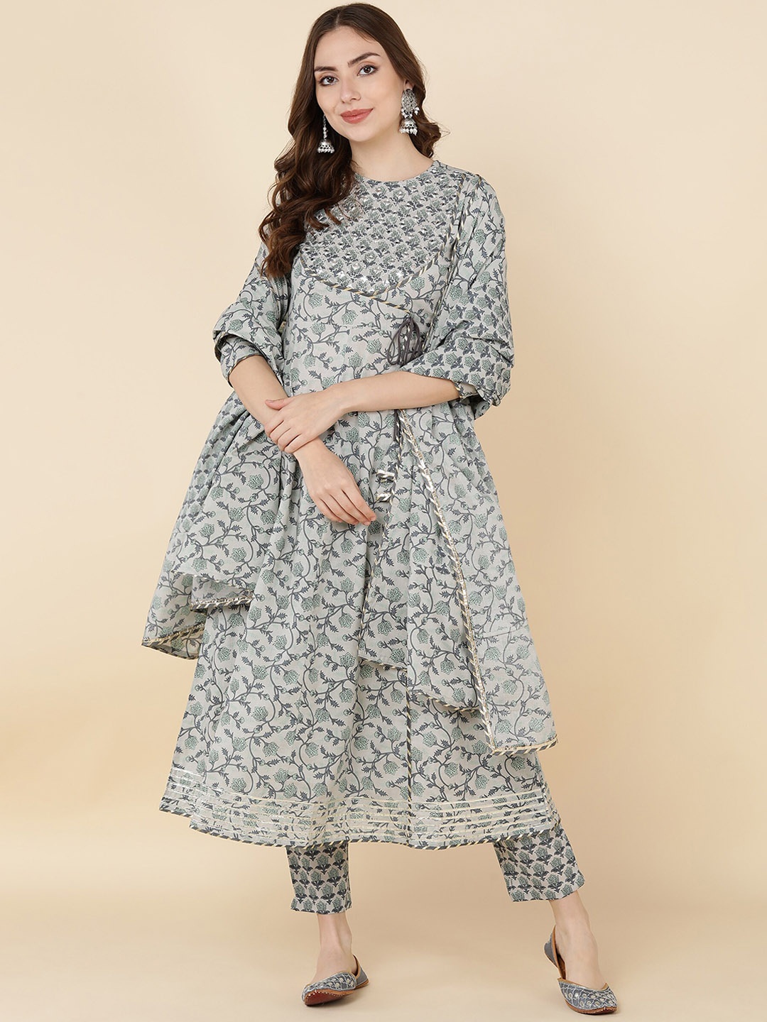 KALINI Floral Printed Empire Mirror Work Pure Cotton Kurta With Trousers & Dupatta, Grey
KALINI Floral Printed Empire Mirror Work Pure Cotton Kurta With Trousers & Dupatta, Grey