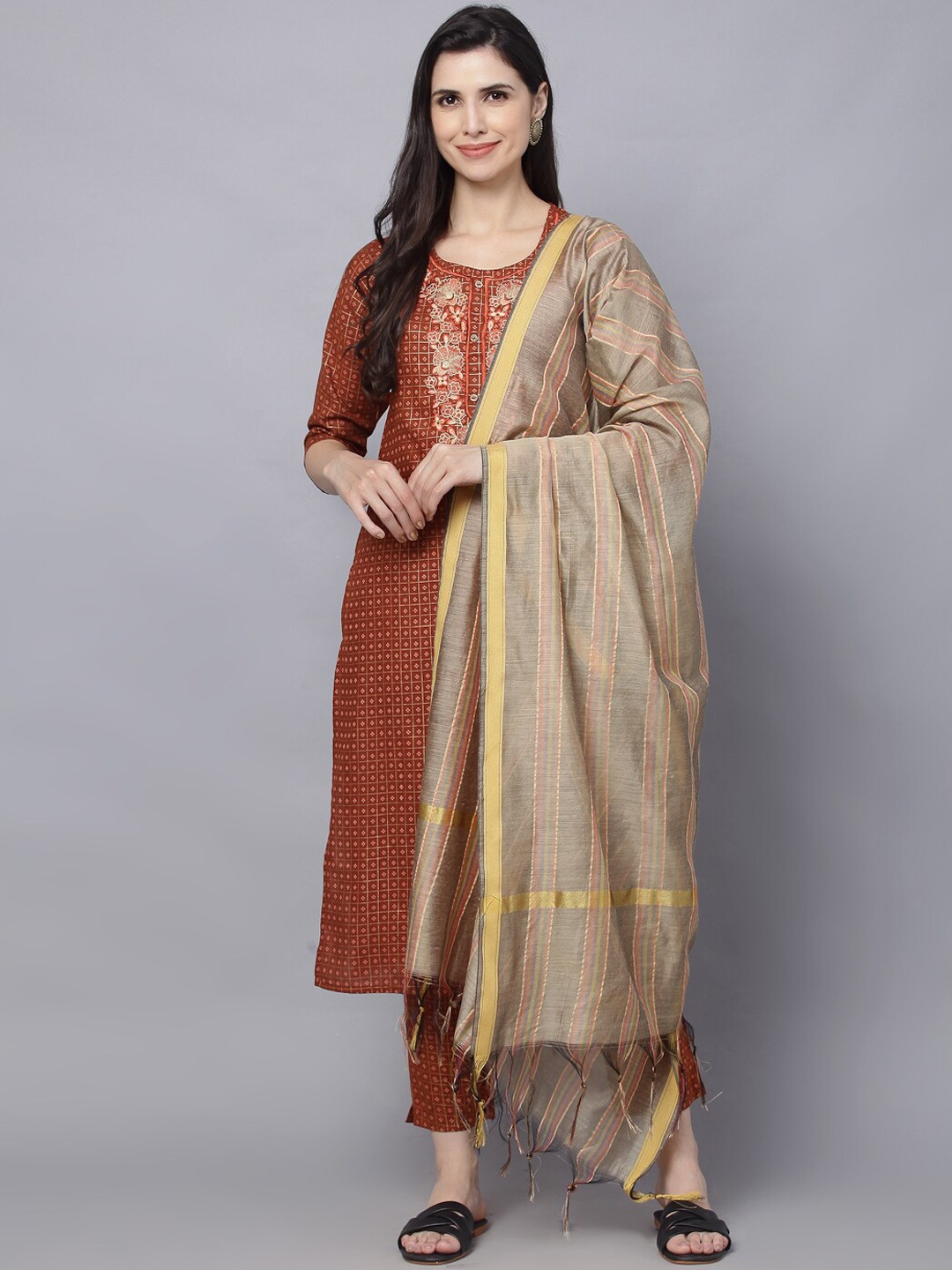 KALINI Ethnic Motifs Embroidered Pure Cotton Straight Kurta With Trousers & Dupatta, Brown
KALINI Ethnic Motifs Embroidered Pure Cotton Straight Kurta With Trousers & Dupatta, Brown