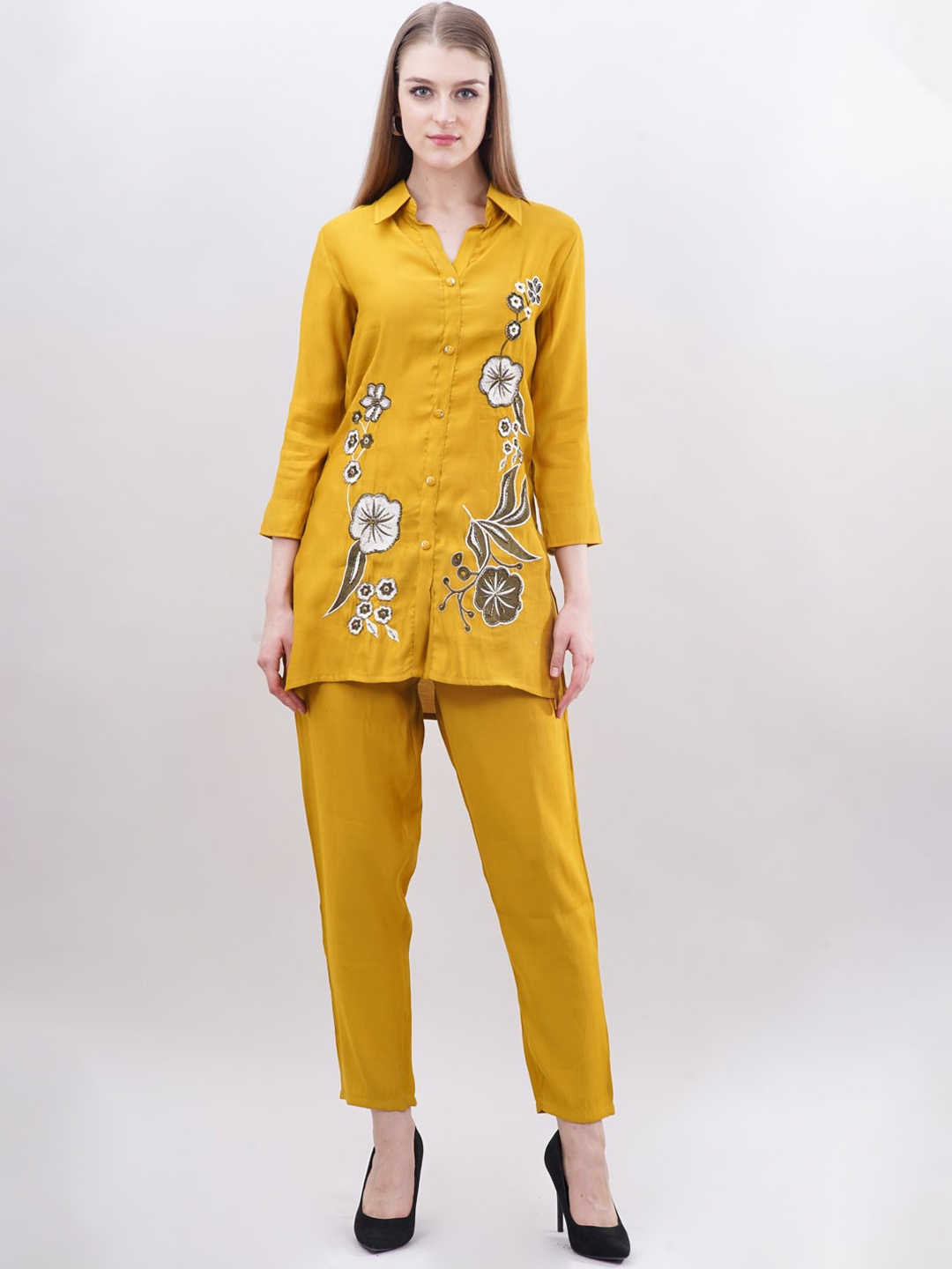 Ashnaina Floral Embroidered Shirt Collar Tunic With Trouser, Yellow
