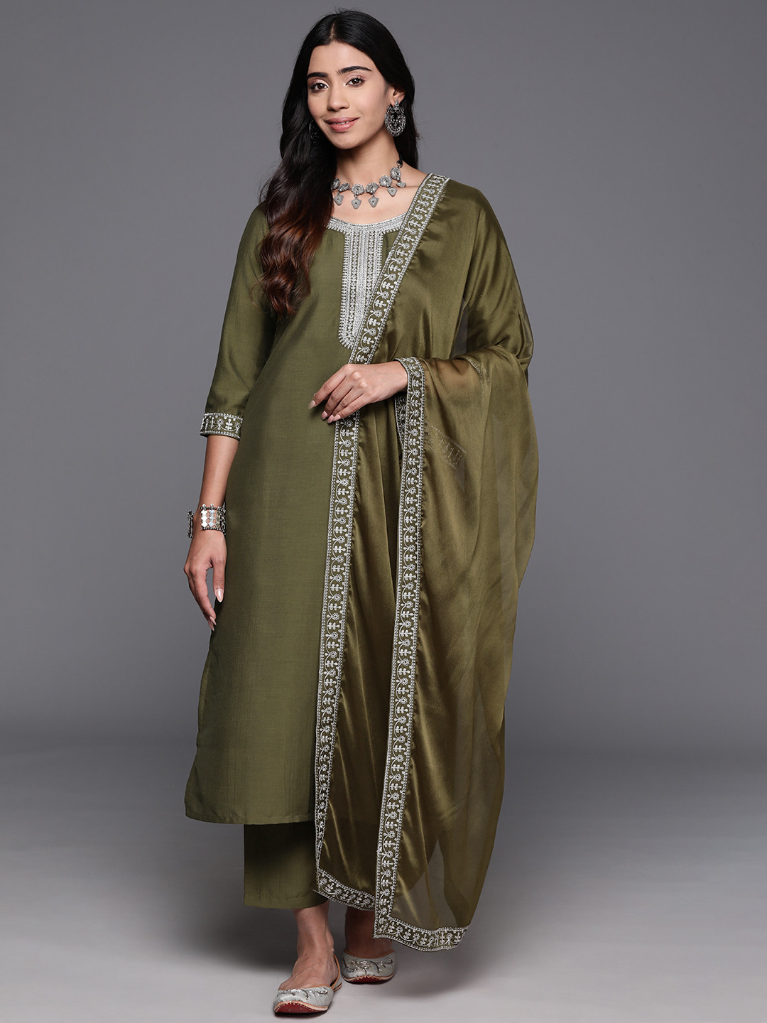 Libas Women Floral Yoke Design Regular Sequinned Kurta with Trousers & Dupatta, Olive
Libas Women Floral Yoke Design Regular Sequinned Kurta with Trousers & Dupatta, Olive