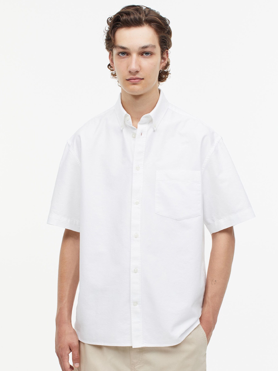 H&M Pure Cotton Loose Fit Short-Sleeved Oxford Shirt, White